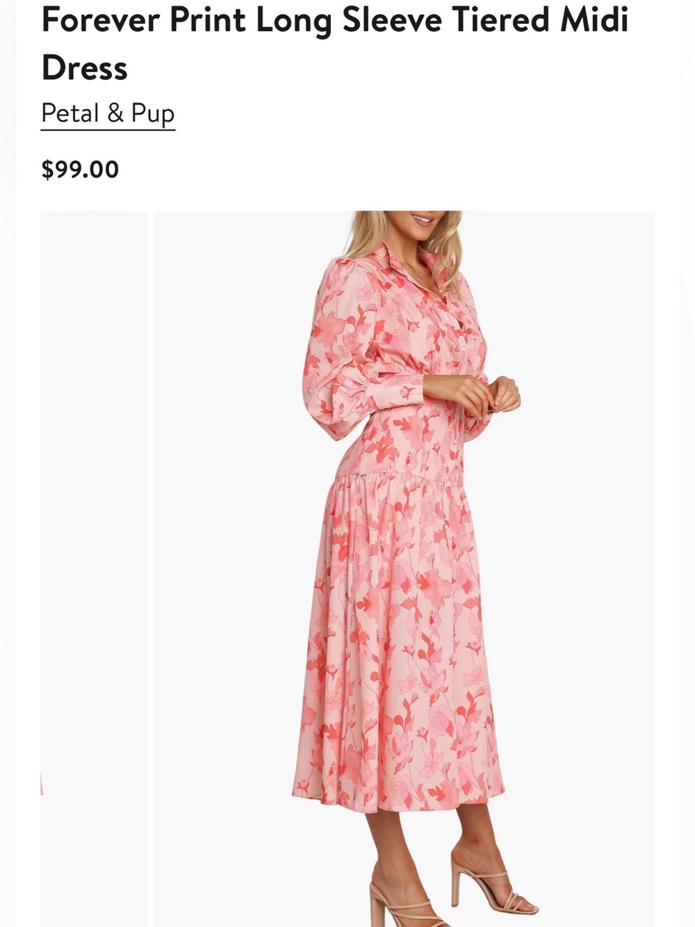 Petal & Pup Forever Print Long Sleeve Tiered Midi Dress – Pink Floral - Picture 4 of 13
